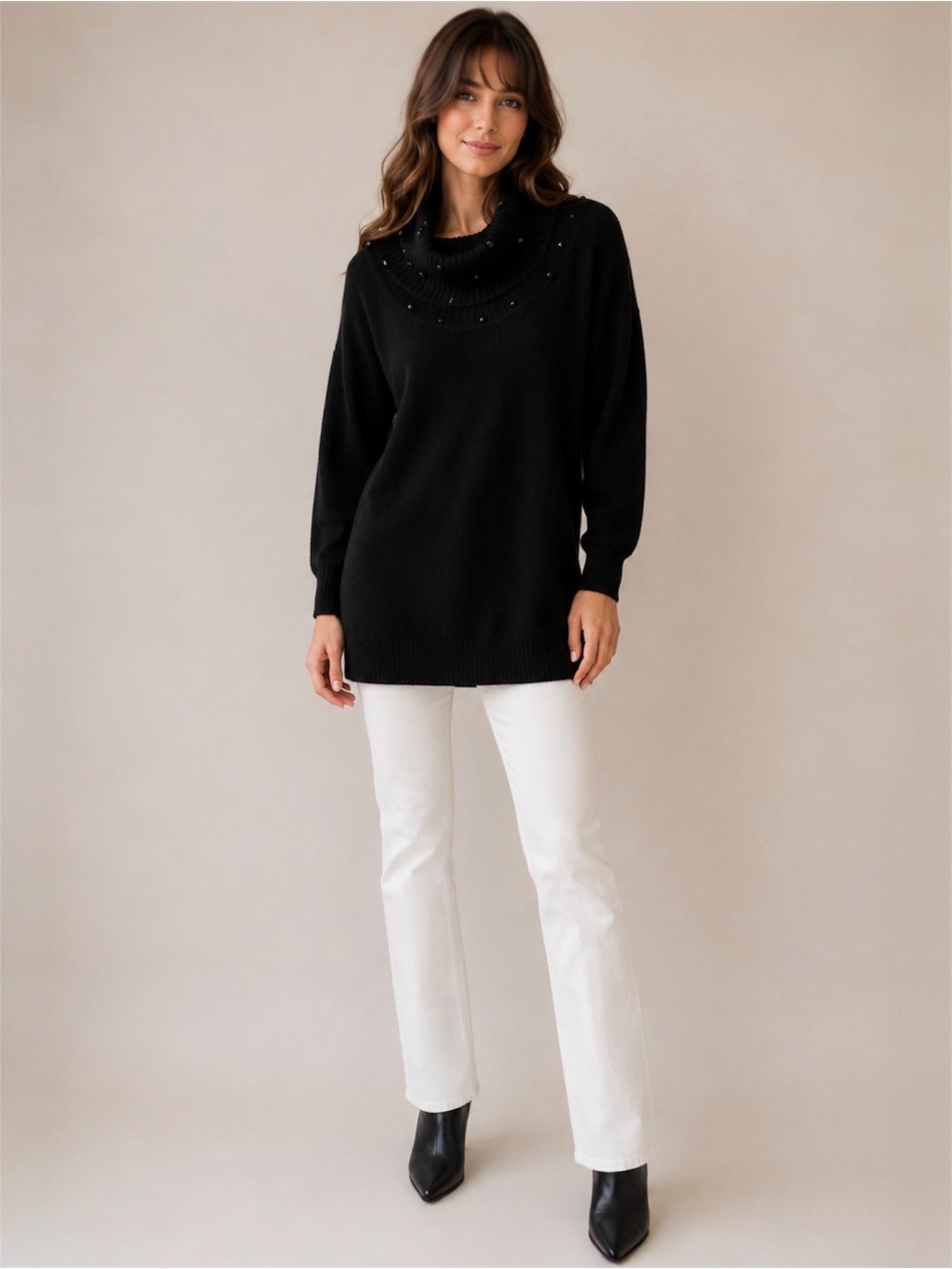 Mayon Black Lambswool Angora Tunic Sweater | Jewel Cowl Neck | Size 38 M